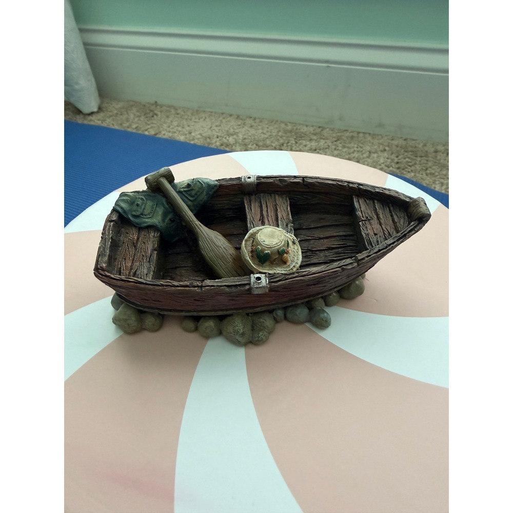 Rustic Resin Rowboat Figurine Nautical Decor Boat with Oar Hat and Jacket